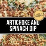 A close-up of artichoke and spinach dip topped with chopped pecans and breadcrumbs, with chips in the background. Text overlay reads “Artichoke and Spinach Dip Recipe.”.