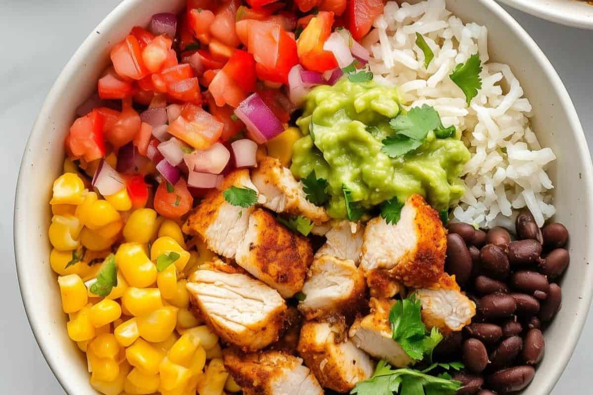 A bowl filled with grilled chicken, black beans, corn, diced tomatoes with onion, white rice, and guacamole, garnished with cilantro. Perfect for celebrating Cinco de Mayo or enjoying a homemade burrito night.