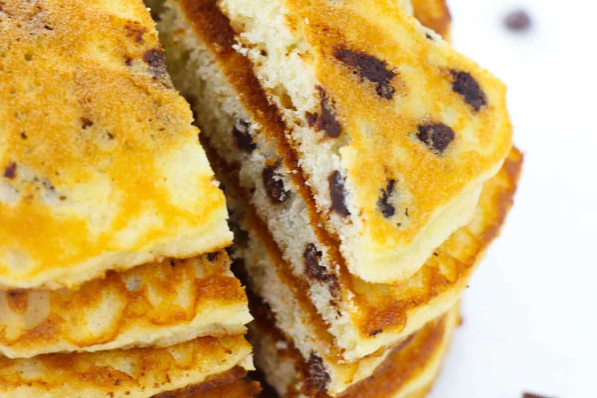A stack of sliced chocolate chip pancakes is sure to impress at your next spring brunch.