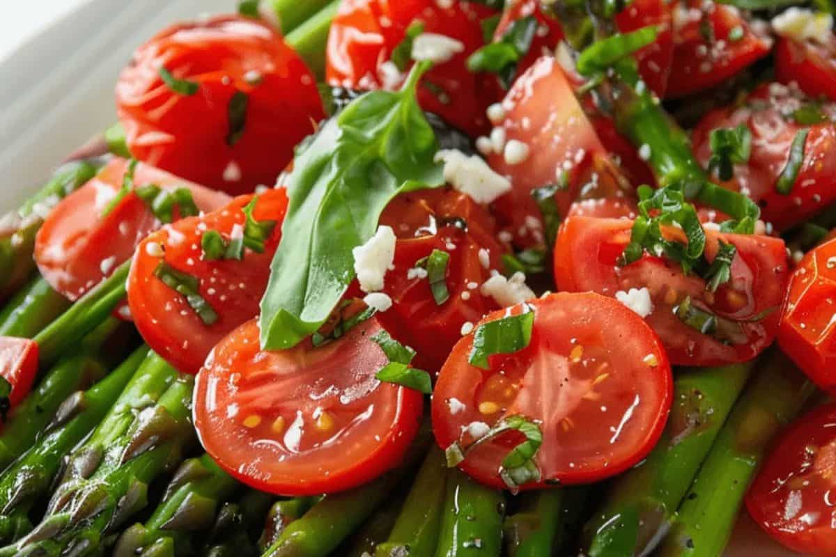 A delightful Easter side dish, this salad features asparagus, cherry tomatoes, feta cheese, and fresh herbs elegantly arranged on a white plate.