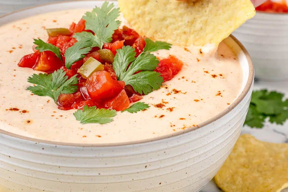A bowl of creamy dip perfect for a Cinco de Mayo party, topped with diced tomatoes, jalapeños, and cilantro. A tortilla chip is garnished perfectly in the mix.