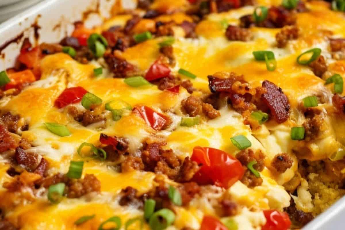 A savory Easter brunch recipe: a baked casserole adorned with melted cheese, ground meat, diced tomatoes, and chopped green onions in a rectangular dish.