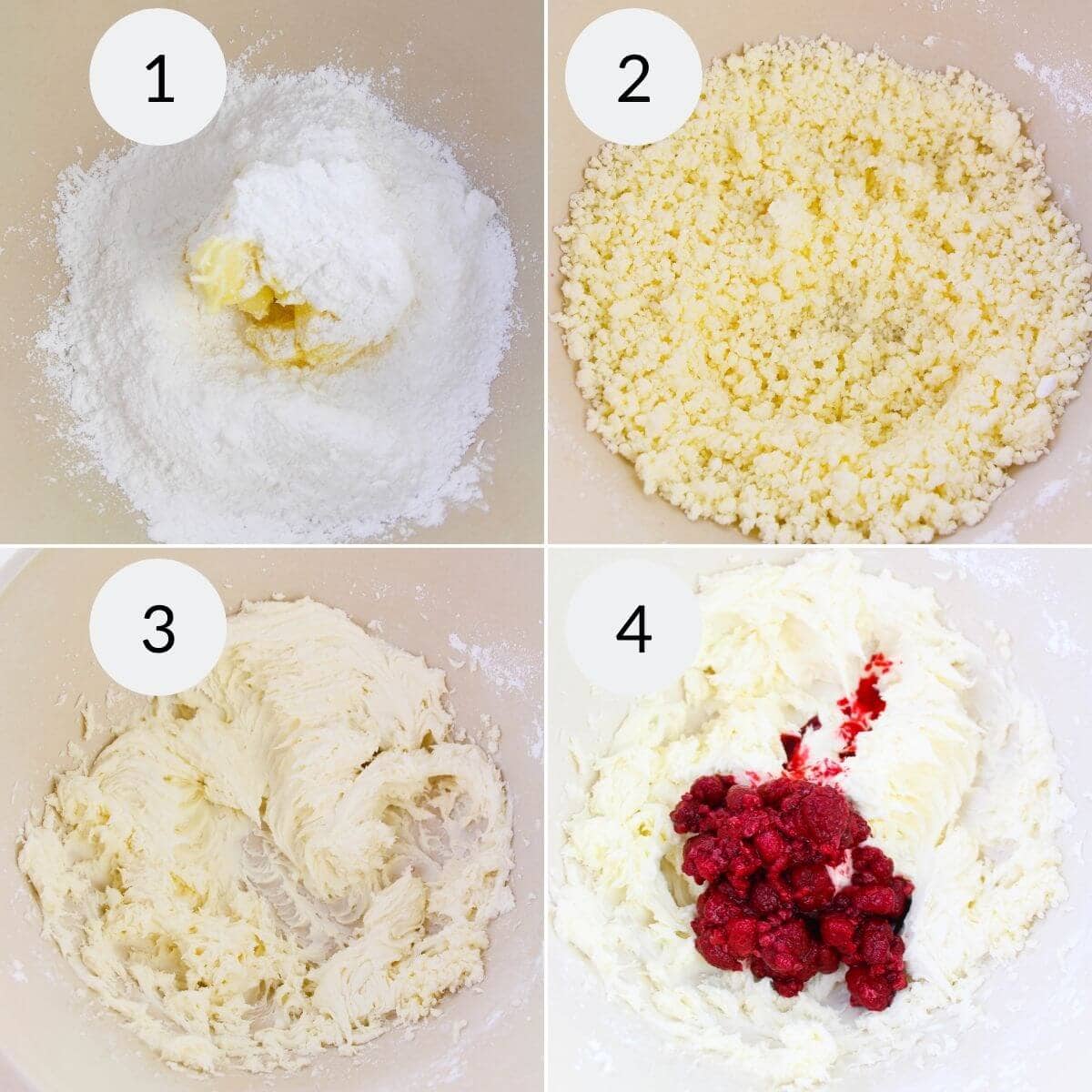 Four-step collage showing dough preparation: 1. Flour and butter in a bowl, 2. Mixture crumbled, 3. Dough blended, 4. Raspberries added—perfect for a fruity twist on Confetti Cake dough!.
