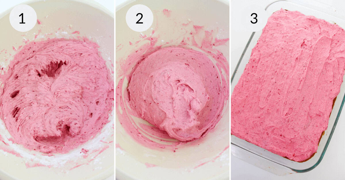 Three-step collage showing the process of mixing pink frosting in a bowl, then spreading it evenly over a Confetti Cake in a glass baking dish.