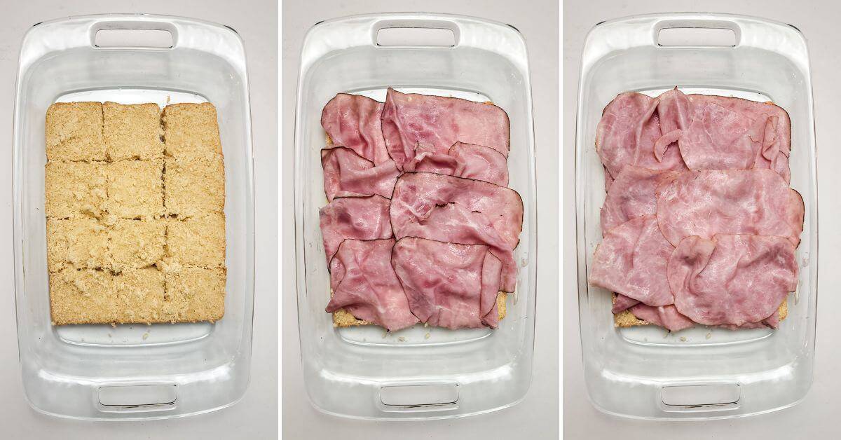Three glass baking dishes beautifully illustrate the steps of crafting Italian sliders: the first holds a base layer of bread, the second introduces a savory layer of ham, and finally, the third is crowned with an irresistible duo of ham layers.