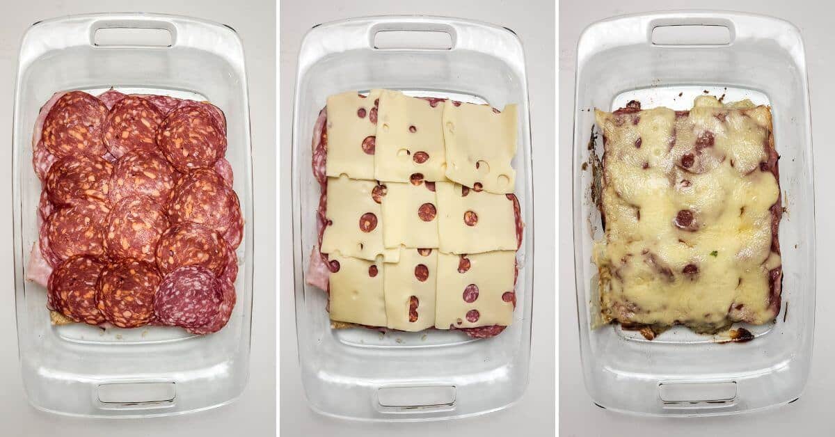 The three-step process of assembling a casserole is akin to crafting Italian sliders: the left shows layers of savory meat, the middle adds slices of rich cheese, and the right displays a perfectly baked dish with gooey melted cheese.