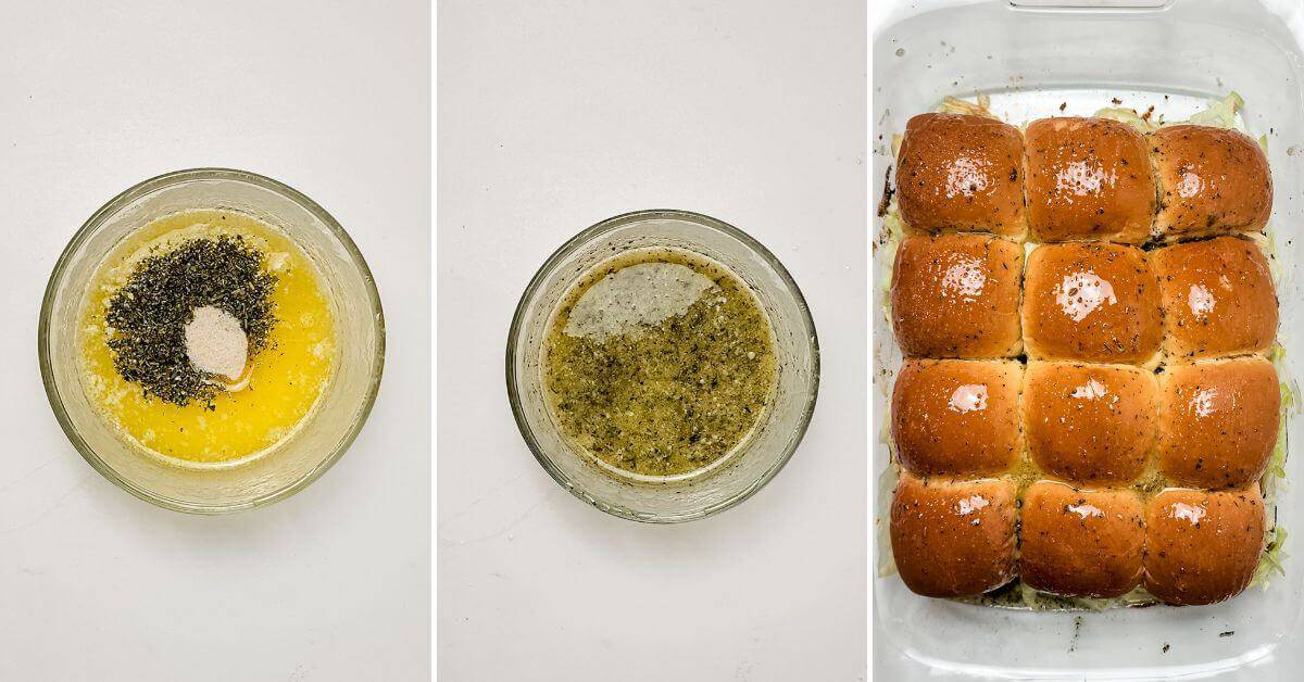 Three images: bowl with melted butter and seasonings, bowl with mixed ingredients, and baked Italian sliders in a glass dish.