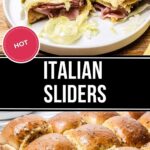 A plate of delightful Italian sliders featuring crisp lettuce, savory salami, and creamy cheese. Below it sits a baking dish brimming with these scrumptious sliders, each topped with aromatic seasoning for an irresistible touch.