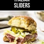 Introducing our "Hot Italian Sliders": a delightful sandwich featuring ham, shredded lettuce, and pickles nestled in a fluffy roll. Perfectly capturing the essence of Italian sliders, this snack is sure to tantalize your taste buds.