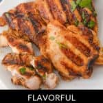 Grilled chicken breast pieces on a white plate, garnished with herbs. Text at the bottom reads, "Immerse in the rich zest of our Flavorful Mexican Chicken Marinade.