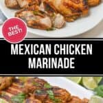Grilled chicken, perfectly seasoned with a spicy Mexican Chicken Marinade, is beautifully presented on white plates. Garnished with fresh lime slices and cilantro, it offers a burst of vibrant flavor in every bite.
