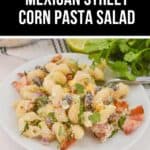 A plate of Mexican Street Corn Pasta Salad featuring corn, black beans, tomatoes, and herbs, all topped with a creamy dressing. The vibrant flavors and textures make it an irresistible dish for any occasion.