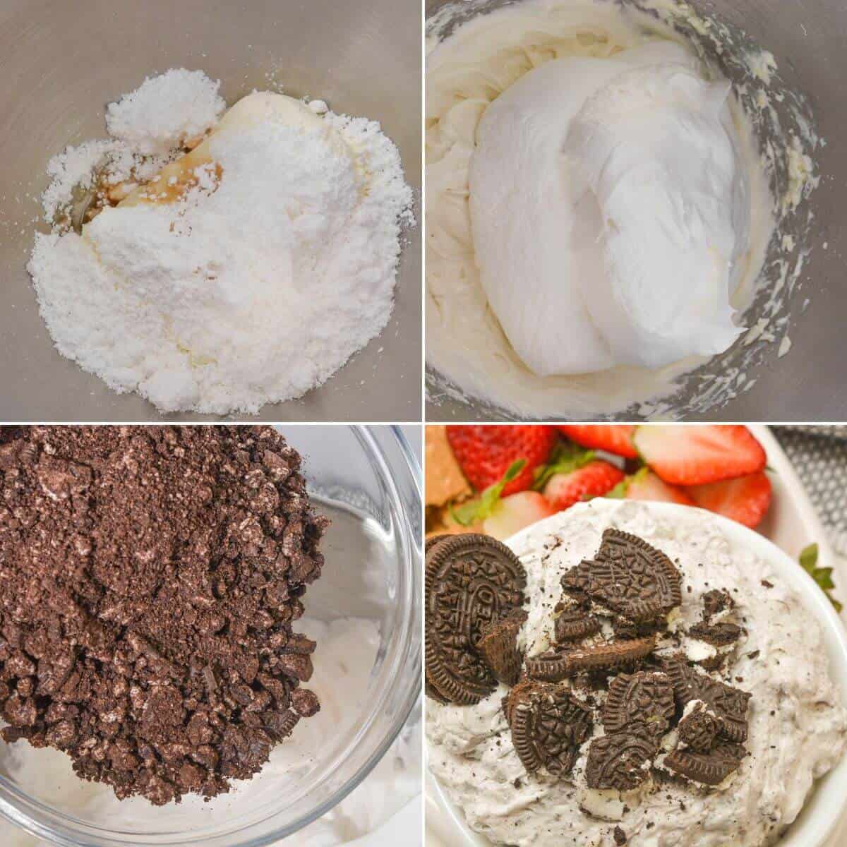 Four-panel image: 1) Mixing bowl with cream cheese, powdered sugar, and vanilla. 2) Fluffy mixed ingredients. 3) Bowl of crushed chocolate cookies. 4) dessert topped with whole cookies, ready to delight any sweet tooth.