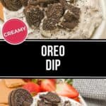 A bowl of luscious Oreo dip crowned with crumbled Oreos. Strawberries and graham crackers linger invitingly in the background.