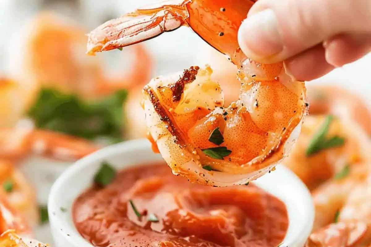 A hand holds a cooked shrimp above a bowl of red cocktail sauce, offering tempting second helpings.