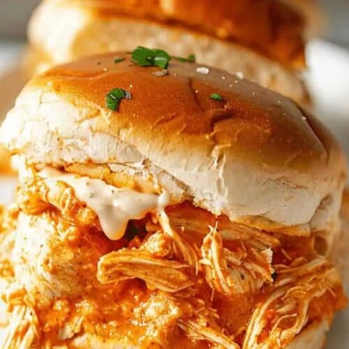 A shredded chicken sandwich with a glossy bun topped with sauce and garnished with chopped herbs on a plate, making it one of those delicious recipes perfect for any occasion.