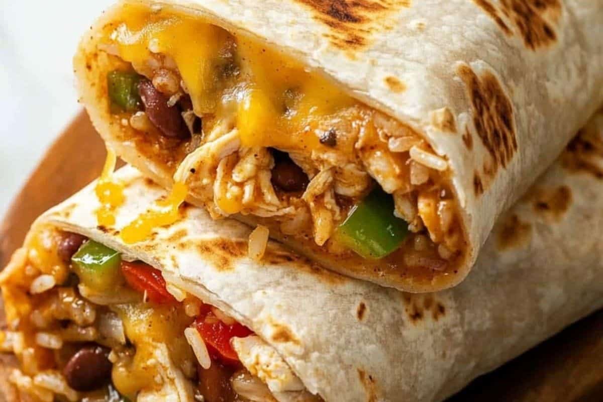 Two homemade burritos with grilled exteriors, showcasing melted cheese, black beans, rice, green bell peppers, and chicken. Perfect for a festive Cinco de Mayo celebration!.