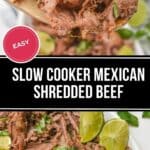 Delicious slow cooker Mexican shredded beef is served up on a plate, perfectly garnished with zesty lime wedges and fresh cilantro.