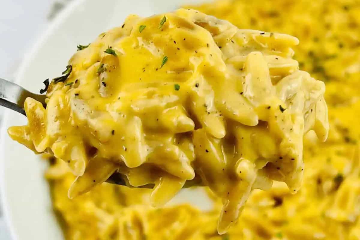 A close-up of a forkful of creamy, cheese-covered orzo pasta garnished with herbs, held above a bowl filled with more of the same dish—perfect for those seeking meatless recipes during Lent.