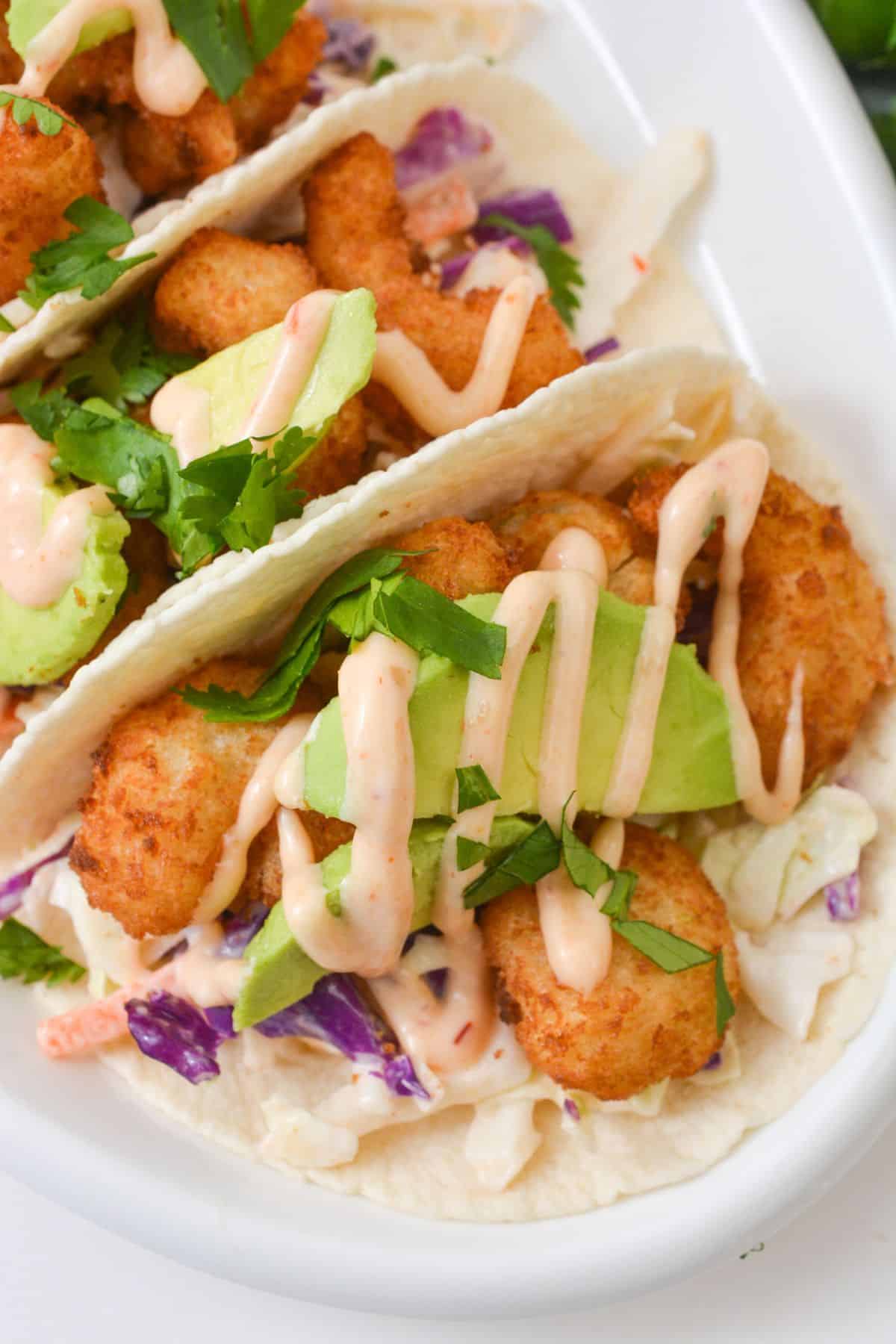 Three Boom Boom Shrimp Tacos filled with crispy fried shrimp, sliced avocado, shredded cabbage, cilantro, and drizzled with a creamy sauce on a white plate.