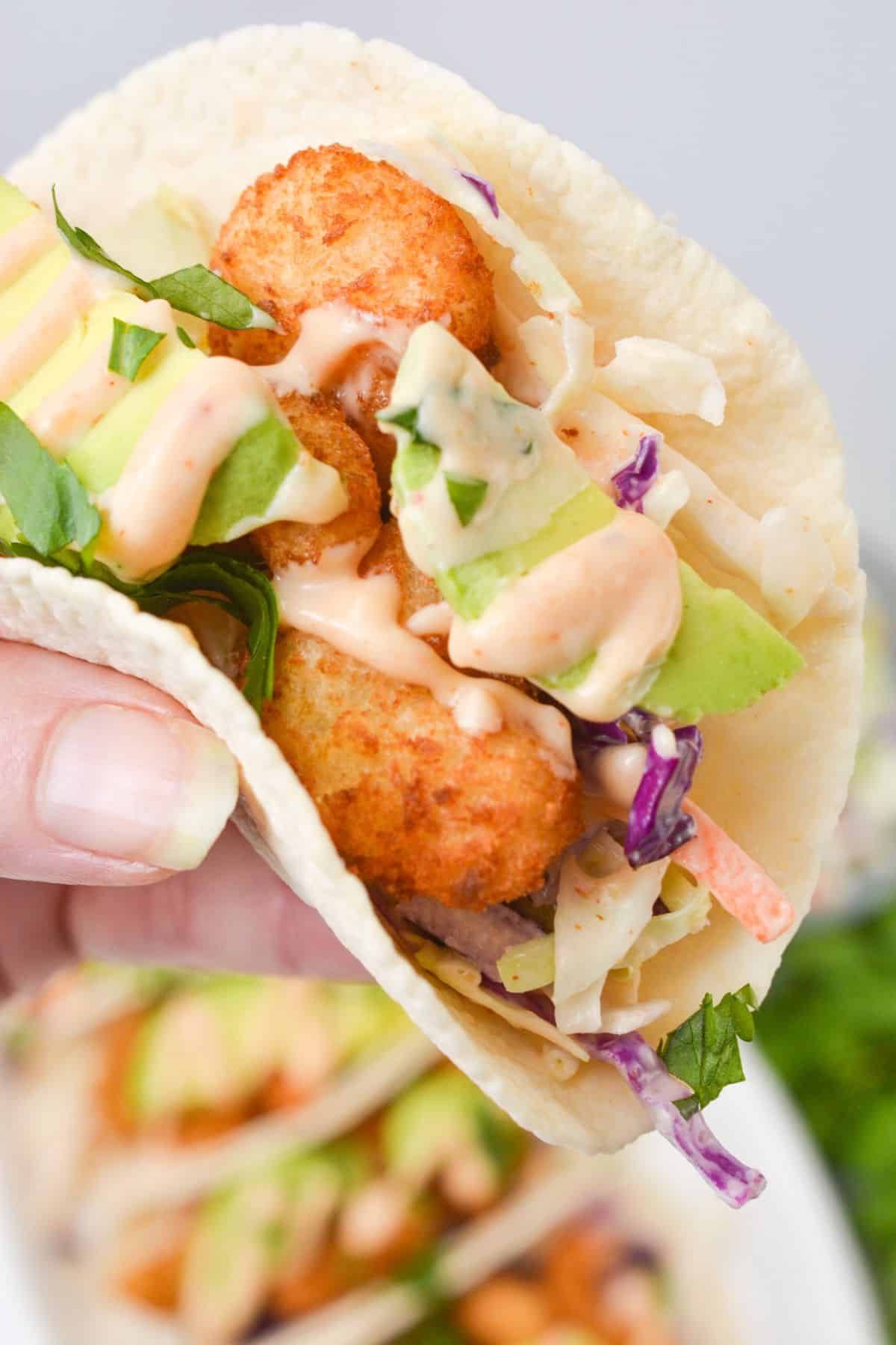 A hand holds a soft taco filled with fried fish, avocado slices, slaw, and a drizzle of creamy sauce—reminiscent of the bold flavors found in Boom Boom Shrimp Tacos.
