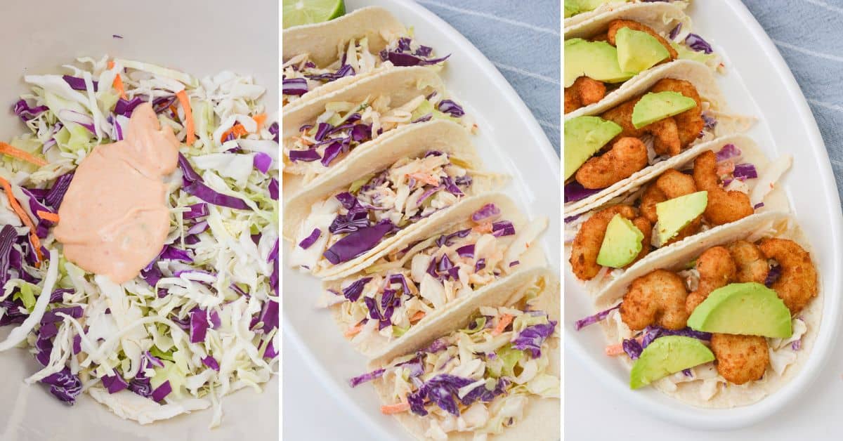 Three panels showing the process of making Boom Boom Shrimp Tacos: mixing slaw and sauce, assembling slaw in tortillas, and adding crispy Boom Boom Shrimp and avocado slices to complete the tacos.