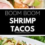 Two images of Boom Boom Shrimp Tacos topped with avocado, greens, and a creamy sauce on tortillas, with text in the center reading “Boom Boom Shrimp Tacos itsakeeper.com.”.
