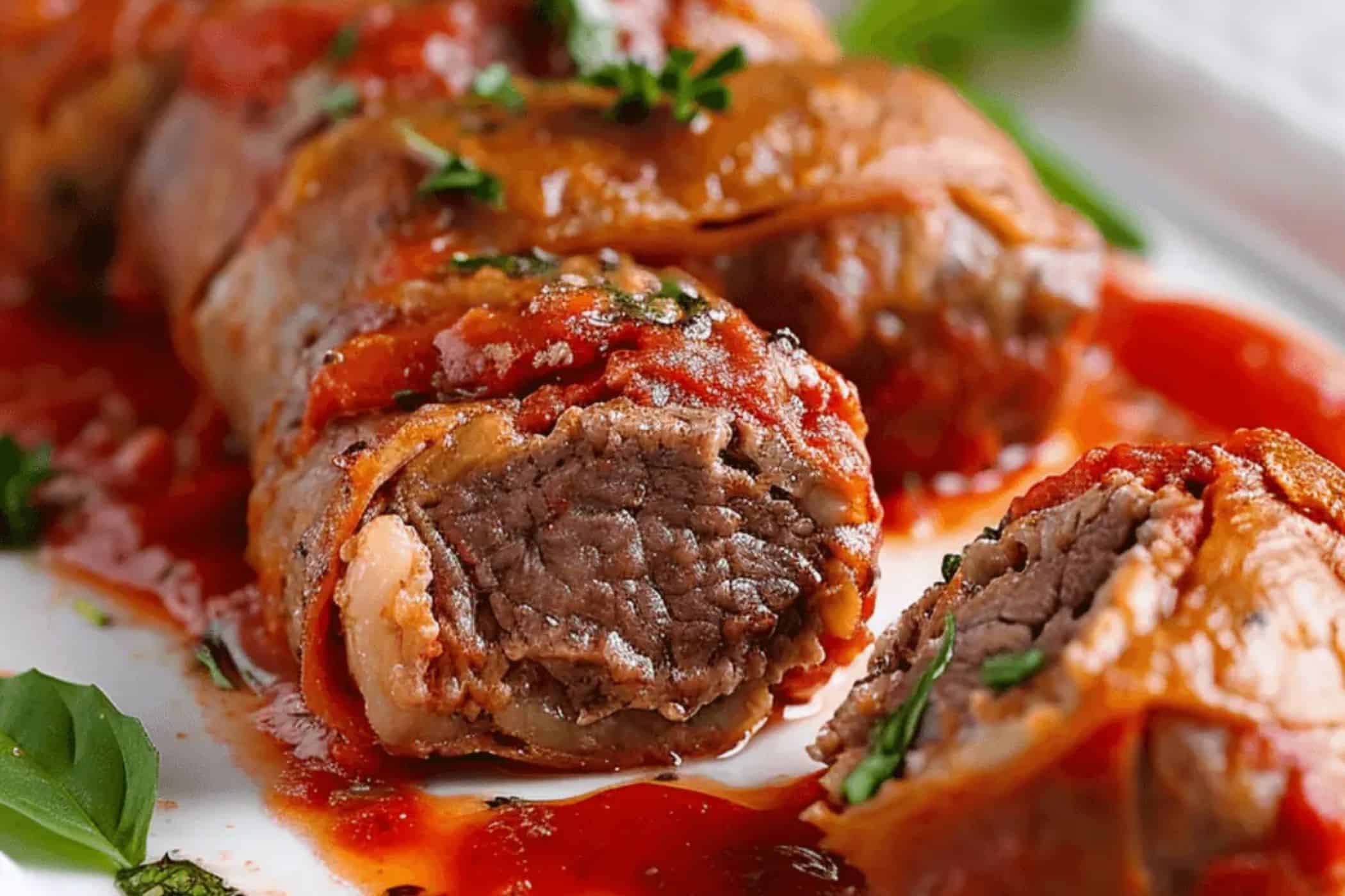 Close-up of sliced beef braciole in tomato sauce, garnished with herbs, on a white plate—perfect for easy dinners or busy weeknights.