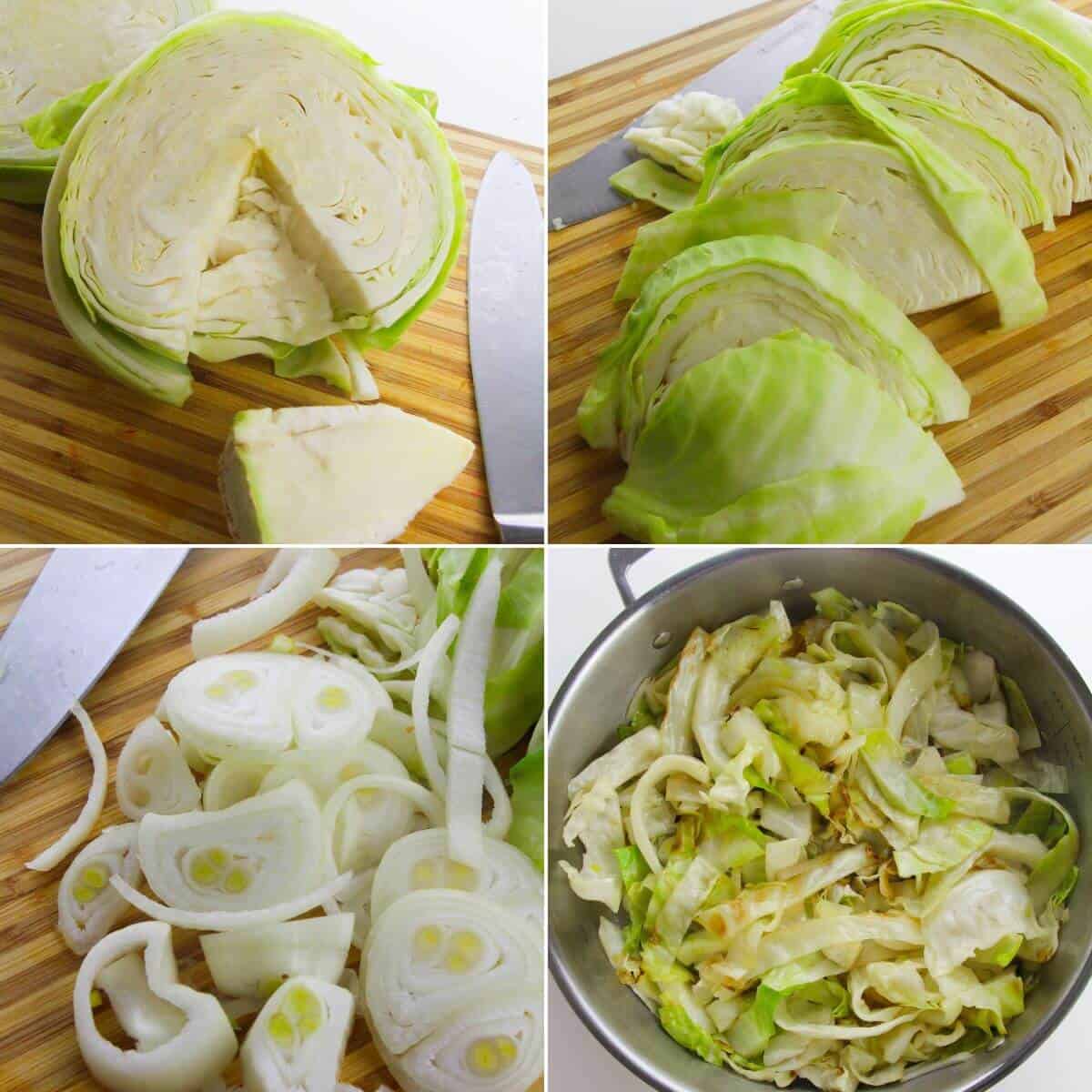 Four-step collage showing a cabbage being cut, sliced cabbage and onion on a cutting board, and Braised Cabbage with onion cooking together in a pot.