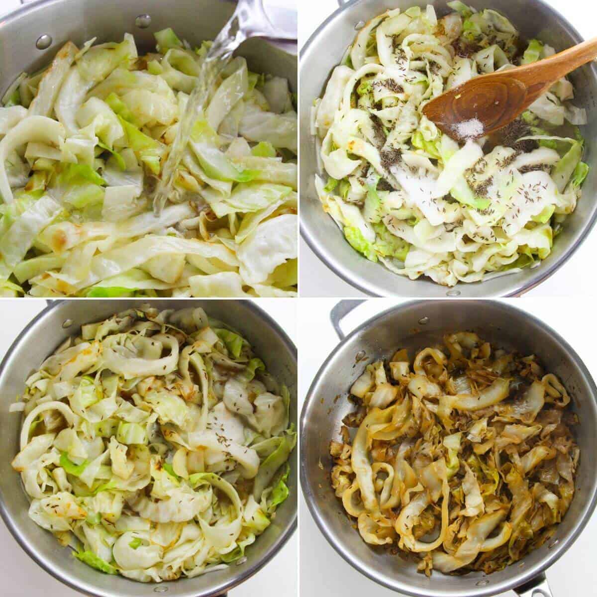 Four-panel collage showing Braised Cabbage: chopped cabbage simmering in a pot, seasoned with spices, stirred to perfection, and finally fully cooked and browned.