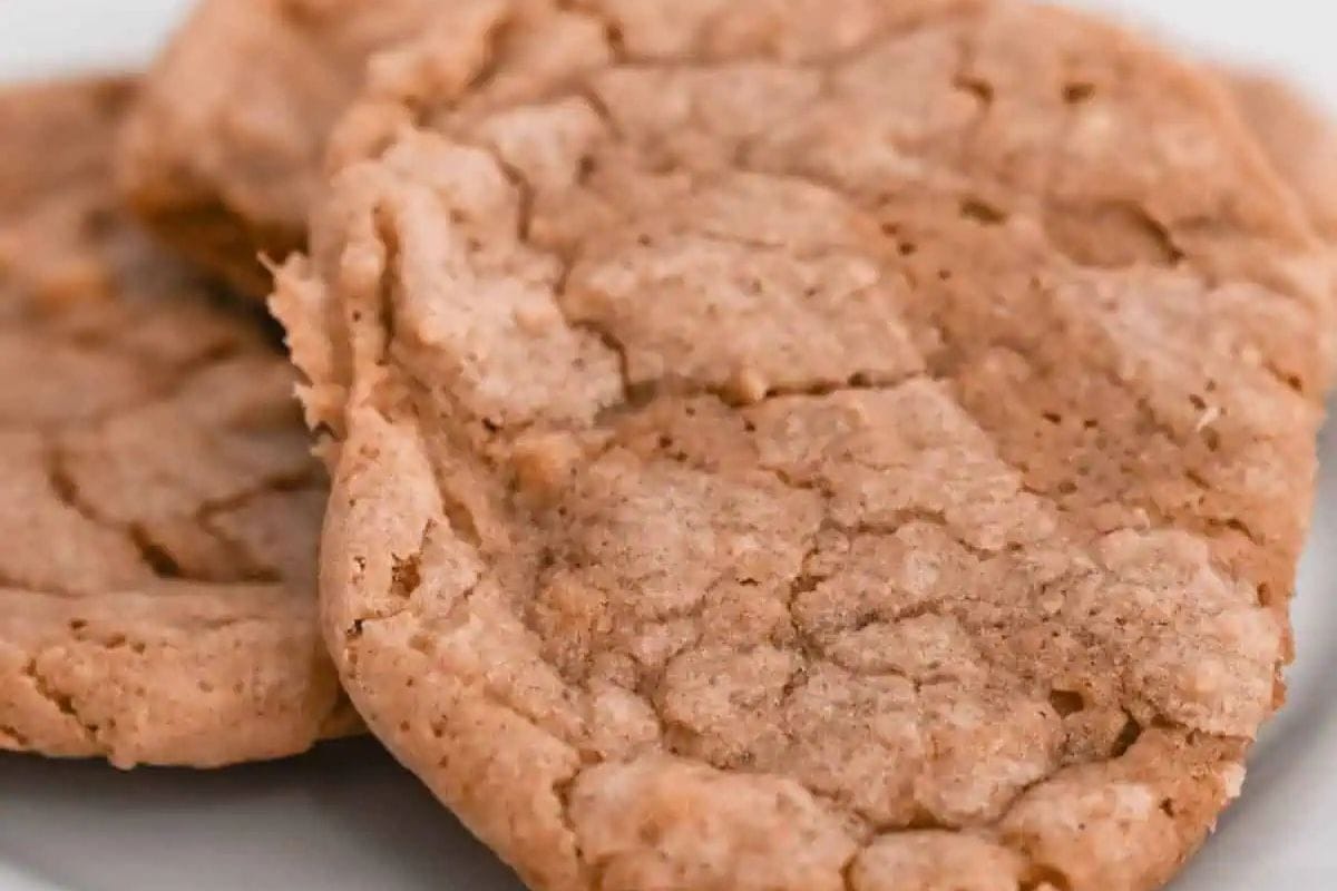 Close-up of two light brown, cracked cookies on a white plate—an inviting nod to classic recipes that never go out of style.
