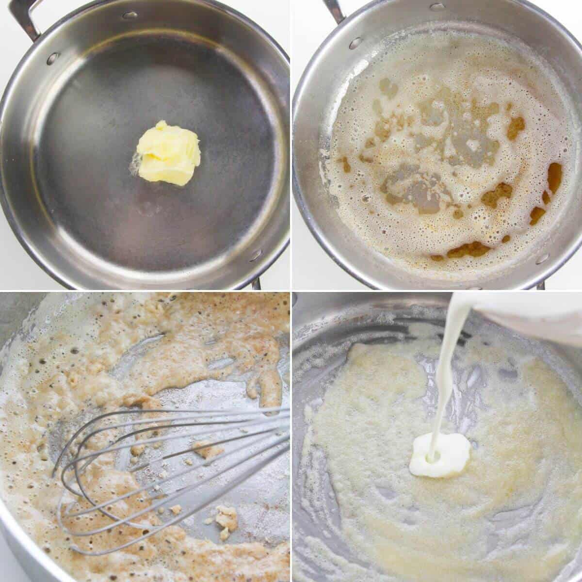 Four-panel image showing butter melting and browning in a pan, being whisked, with cream poured in to make a sauce—perfect for classic dishes 