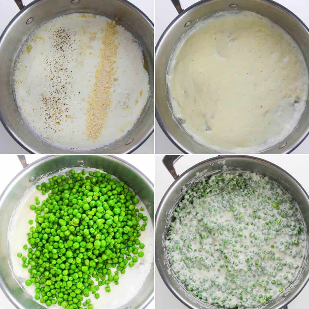 Four images show the steps of cooking creamed peas: adding seasonings to milk in a pot, stirring to thicken, adding green peas, and mixing everything together for classic creamed peas.