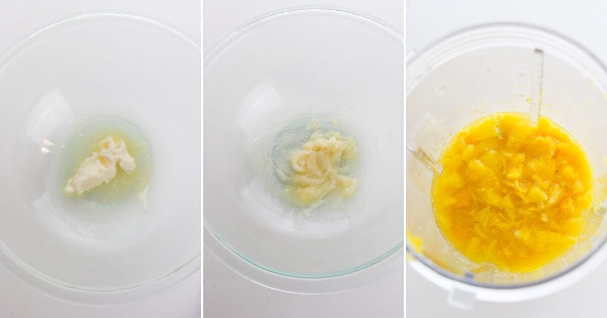 Three glass bowls display stages of blooming the gelatin.