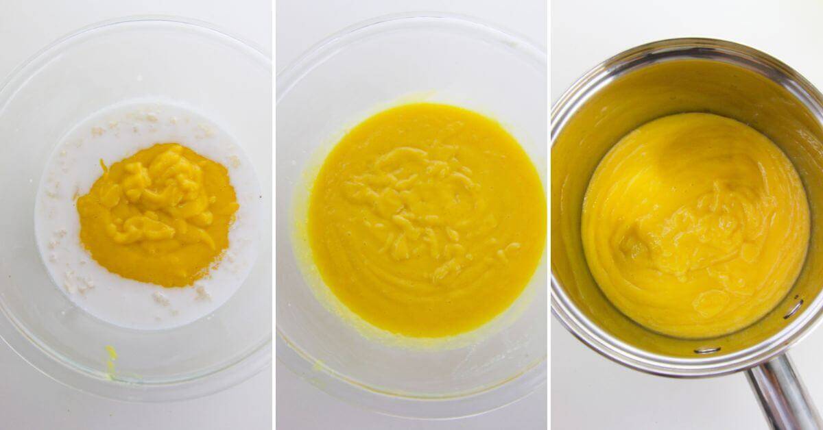 Three side-by-side images show a yellow Mango Pudding mixture being combined with liquid in a bowl, blended until smooth, and then thickened in a saucepan.