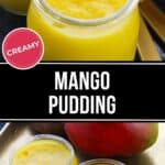 Two glass jars filled with smooth, yellow mango pudding are displayed on a tray next to a whole mango and elegant gold spoons.