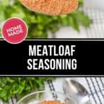 A spoon and bowl brimming with savory meatloaf seasoning rest on a checkered cloth, framed by fresh parsley in the background.