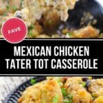 A serving of Chicken Tater Tot Casserole is spooned from a skillet, revealing crispy tater tots, corn, beans, and tender chicken, all garnished with fresh herbs.