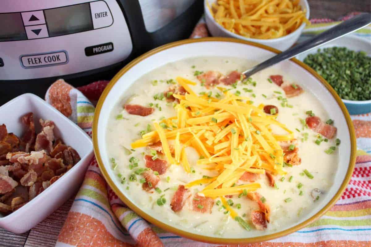 Visible chunks of potatoes are in a thick, off-white broth, topped with shredded cheddar cheese, crumbled bacon, and chopped green onions. A spoon rests in the bowl, and a slow cooker is visible in the background.