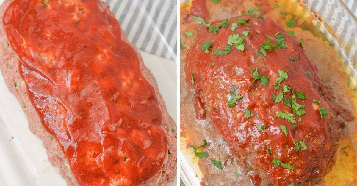Side-by-side images show a Ritz Cracker Meatloaf before baking on the left, topped with red sauce, and after baking on the right, garnished with chopped parsley in a baking dish.
