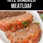 Savor the timeless taste of Ritz Cracker Meatloaf, where slices of this classic delight are topped with rich tomato sauce and herbs, beautifully served on a white plate.