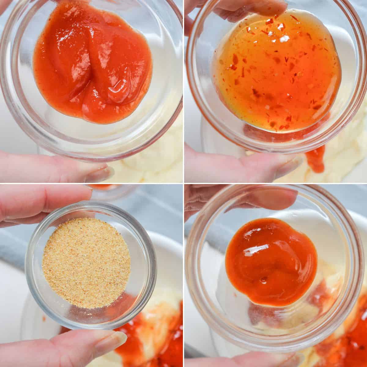 Four images show small glass bowls containing ketchup, sweet chili sauce, garlic powder, and hot sauce—classic ingredients for Boom Boom Sauce—being held above a mixing bowl, just like they do at Sheetz.