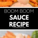 Close-up of creamy Boom Boom Sauce with herbs being scooped and dipped with fries, next to a plate of crinkle-cut fries. Text overlay reads, “Boom Boom Sauce Recipe inspired by Sheetz.”.