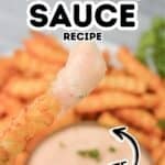 Close-up of a crinkle-cut fry dipped in a creamy Sheetz Boom Boom Sauce, with text reading “Boom Boom Sauce Recipe” and “5 Minute” over a blurred background of fries and sauce.