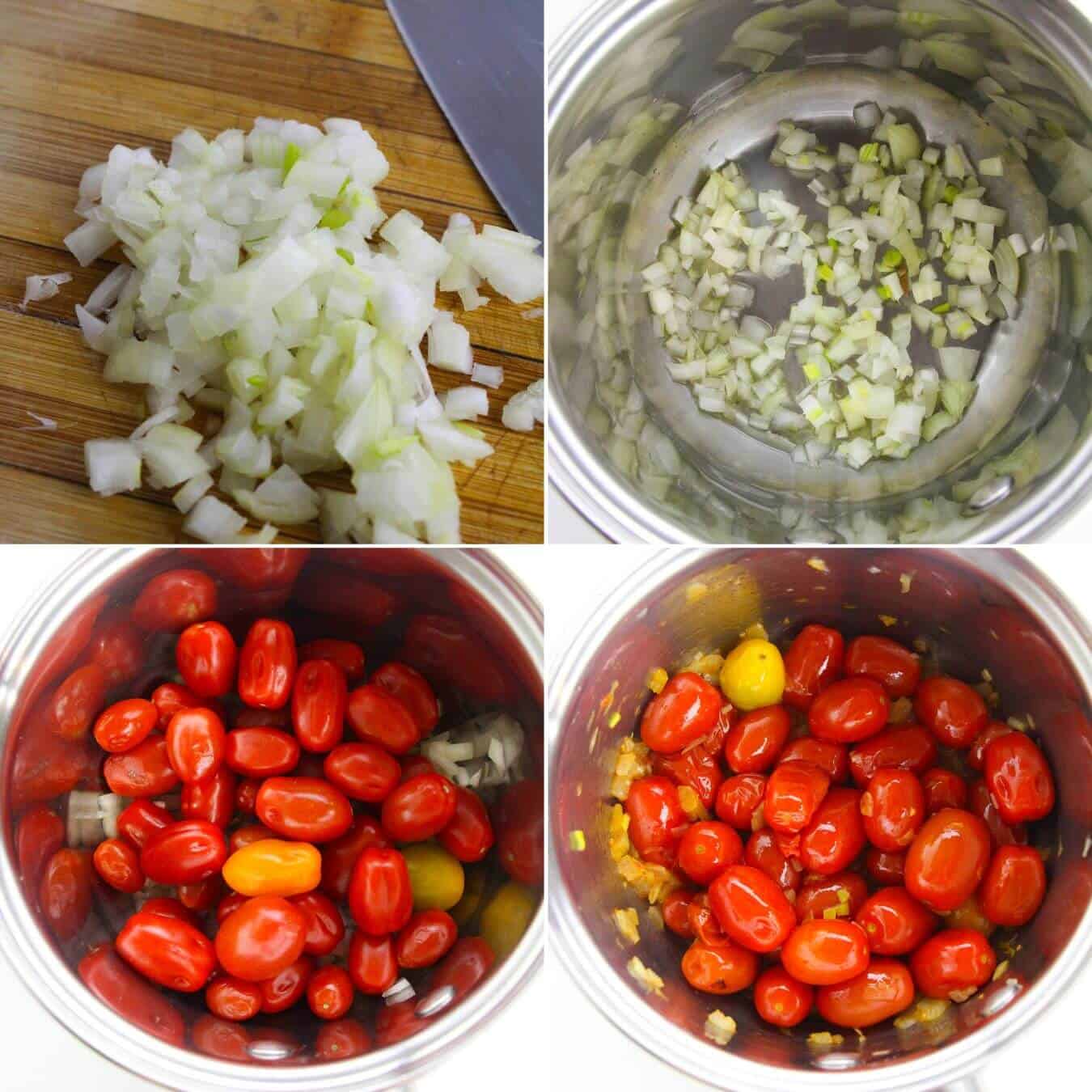 Four images show chopped onions on a cutting board, onions being sautéed in a pot, whole grape tomatoes added to the pot, and the mixture cooking together.