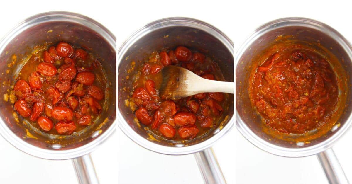 Three stages of making tomato sauce or Tomato Jam shown in saucepans: whole tomatoes, partially broken down with a wooden spoon, and fully cooked into a thick sauce.