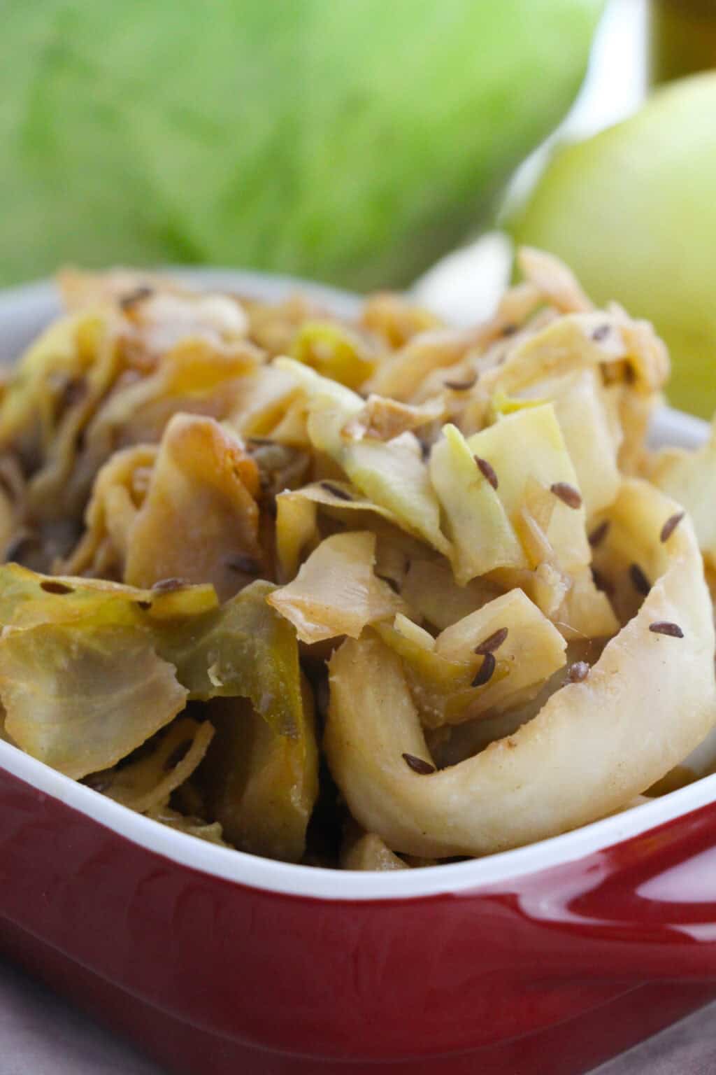A close-up of Braised Cabbage with visible caraway seeds in a red and white dish.