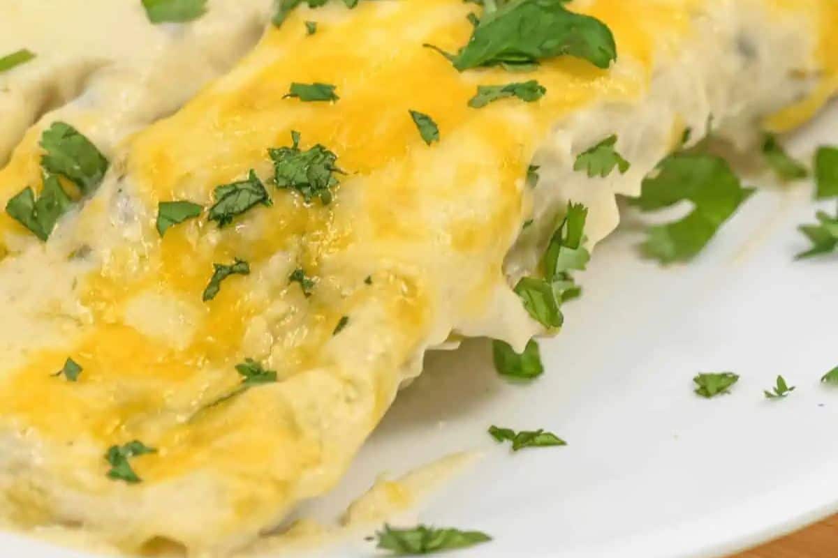 Close-up of a cheesy baked enchilada topped with chopped fresh cilantro on a white plate—a flavorful street food favorite that's one of our must try recipes.