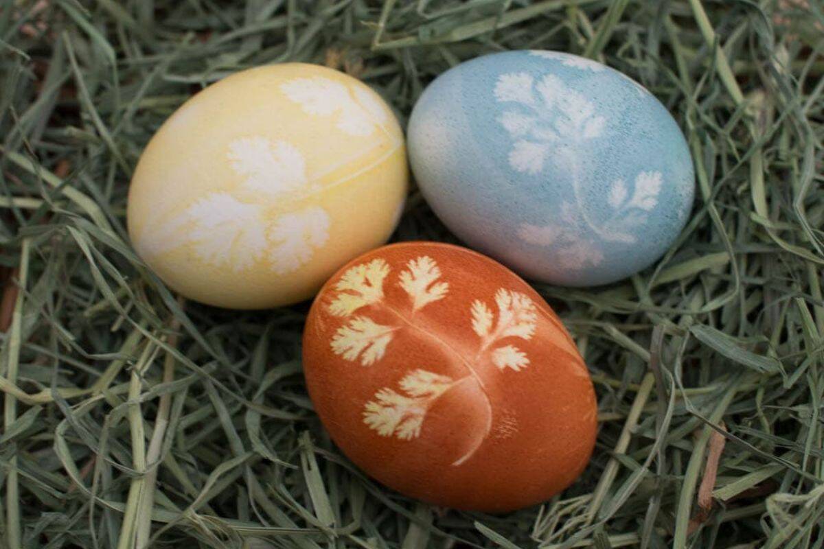 Three dyed eggs—yellow, blue, and brown—each with a leaf pattern, resting on a bed of dry grass. Perfect inspiration for Easter Egg Decorating or easy Easter crafts.