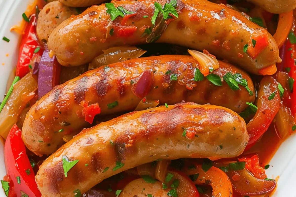 Grilled sausages are nestled among sautéed red onions and bell peppers in a savory tomato-based sauce. This vibrant and hearty dish is full of bold Italian flavor and perfect for an easy, satisfying dinner.